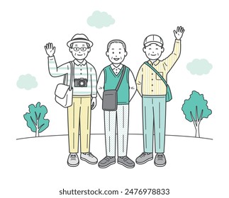 A full-body illustration of a friendly group of elderly men having fun on a trip