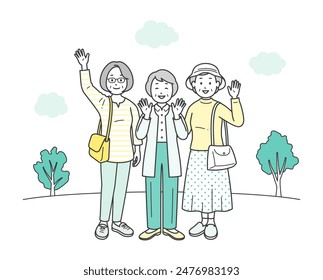 A full-body illustration of a friendly group of elderly women having fun on a trip