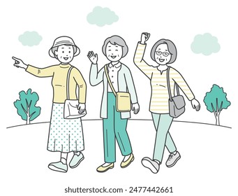 A full-body illustration of a friendly group of elderly women having fun on a trip