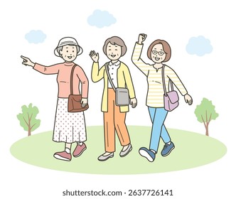 A full-body illustration of a friendly group of elderly women having fun on a trip