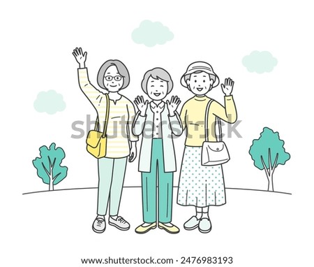 A full-body illustration of a friendly group of elderly women having fun on a trip