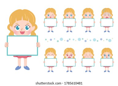 A full-body illustration of a girl expressing various emotions.Vector art so easy to edit.