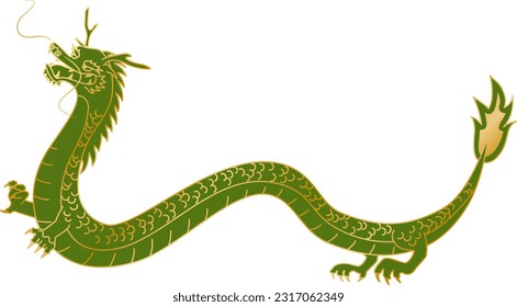 Full-body illustration of a green sideways dragon drawn with gold lines.