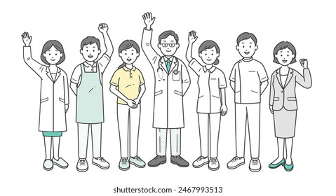 A full-body illustration of a group of doctors, nurses, caregivers, care managers, and nutritionists who support local social welfare