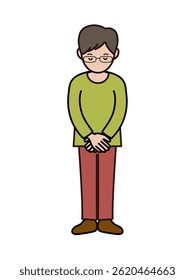 Full-body illustration of an intellectual young man bowing his head and apologizing