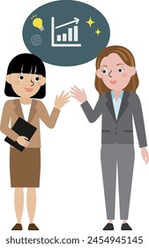 A full-body illustration of a Japanese woman and a Western woman wearing suits and having a business conversation