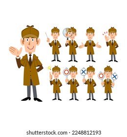 Full-body illustration of a male detective Set 1 of 9 different facial expressions and gestures