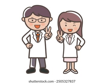 Full-body illustration of a male and female doctor (nurse) making a peace sign with a smile