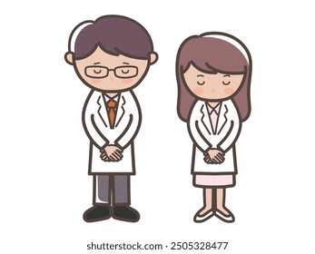 Full-body illustration of a male and female doctor (nurse) bowing and apologizing