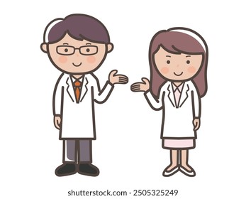 Full-body illustration of male and female doctors (nurses) explaining and guiding