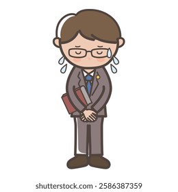 Full-body illustration of a male lawyer apologizing while sweating profusely