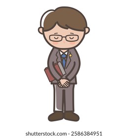Full-body illustration of a male lawyer bowing his head and apologizing