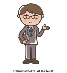 Full-body illustration of a male lawyer giving a tour