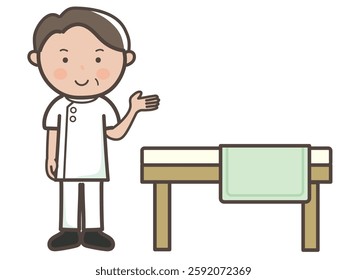 Full-body illustration of a male masseur guiding a patient to a massage bed