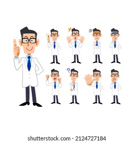 Full-body illustration of a man in a white coat 9 different poses