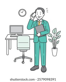 Full-body illustration of a man working energetically in an office