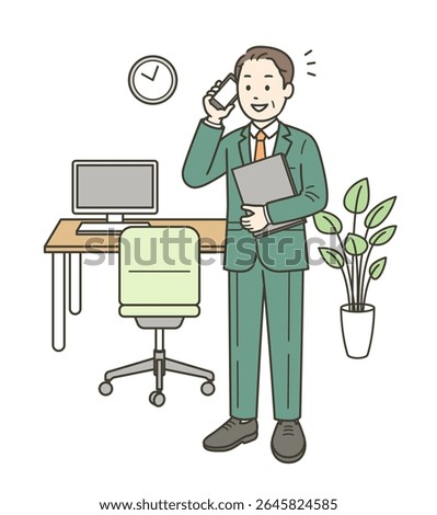 Full-body illustration of a man working energetically in an office