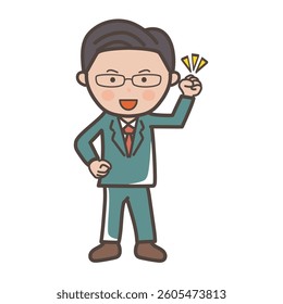 Full-body illustration of a motivated middle-ranking elite-style male businessman posing with his fist in the air