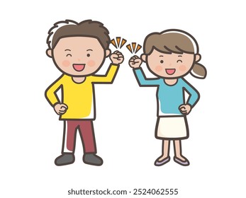 Full-body illustration of a motivated young couple doing a fist pump