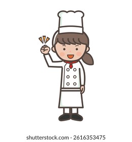 Full-body illustration of a motivated young female chef posing with her fist in the air