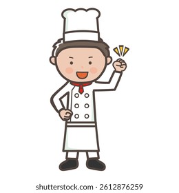 Full-body illustration of a motivated young male chef posing with his fist in the air