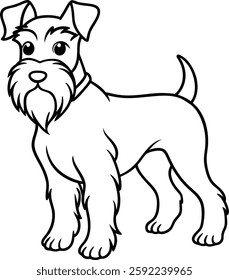 A full-body illustration of a Schnauzer standing with its head turned slightly to the side. The drawing captures the dog's characteristic beard, erect ears, and bushy eyebrows.