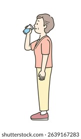 Full-body illustration of a senior woman drinking water