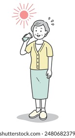 Full-body illustration of a senior woman hydrating in the scorching heat