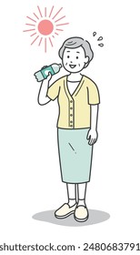 Full-body illustration of a senior woman hydrating in the scorching heat