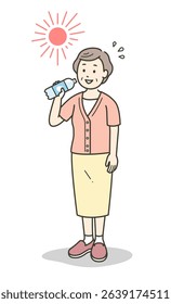 Full-body illustration of a senior woman hydrating in the scorching heat