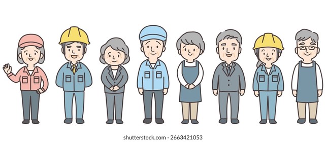 Ilustração de corpo inteiro conjunto de 8 idosos trabalhando.