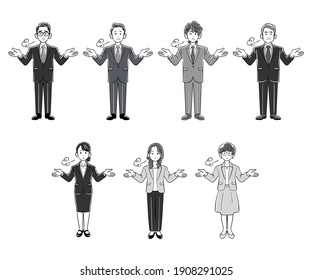 Full-body illustration set of a businessman and a business woman who open their arms and sigh