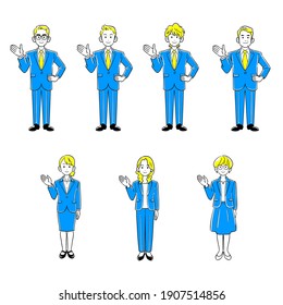 Full-body illustration set of businessmen and businesswomen guided by the palm of your hand
