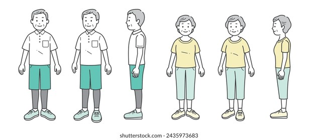 Full-body illustration set of elderly men and women standing in short-sleeved jerseys