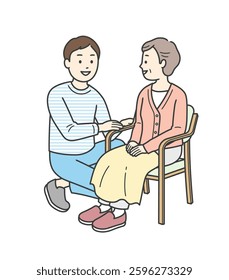 Full-body illustration set of a man talking to an elderly woman sitting in a chair