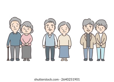 Full-body illustration set of three senior couples.