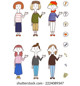Conjunto de ilustraciones de cuerpo completo de varias jóvenes que guían el lado izquierdo