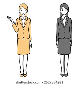 Full-body illustration set of a young woman in a suit, guided and standing.
