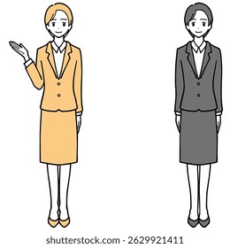 Full-body illustration set of a young woman in a suit, guided and standing.