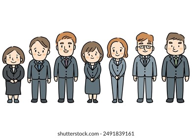 Full-body illustration of seven men and women in suits smiling.