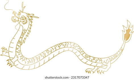 Full-body illustration of a sideways dragon drawn with gold lines. Only the line.
