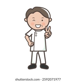 Full-body illustration of a smiling male masseur making a peace sign