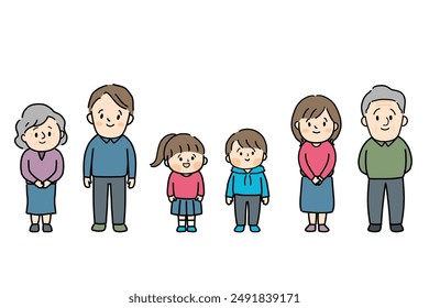 Full-body illustration of a smiling three-generation family.