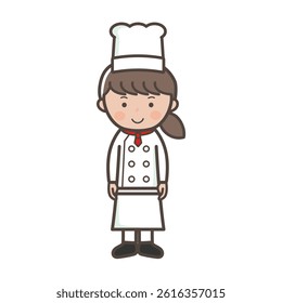 Full-body illustration of a smiling young female chef facing forward