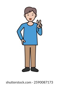 Full-body illustration of a smiling young man making a peace sign
