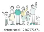 A full-body illustration of three generations of family members and pets gathering and waving
