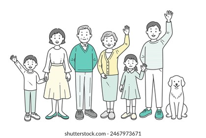 A full-body illustration of three generations of family members and pets gathering and waving