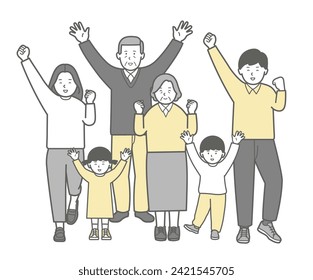 Full-body illustration of three generations of a happy couple with children and an elderly couple
