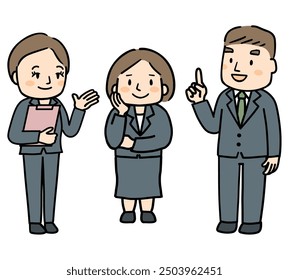 Full-body illustration of three middle-aged men and women wearing suits.