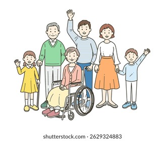 A full-body illustration of a three-generation family assisting a wheelchair-bound grandmother